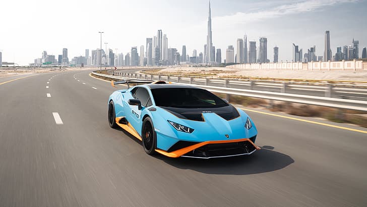 Lamborghini Huracan STO, Lamborghini Huracan, Super Car, Supercars italianos, coche, vehículo, carretera, Dubai, coches azules, desenfoque de movimiento, Emiratos Árabes Unidos, Fondo de pantalla HD