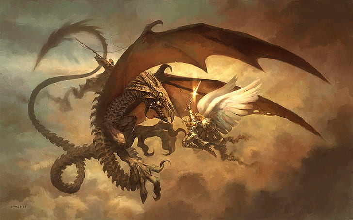 brown dragon illustration, dragon, fantasy art, HD wallpaper