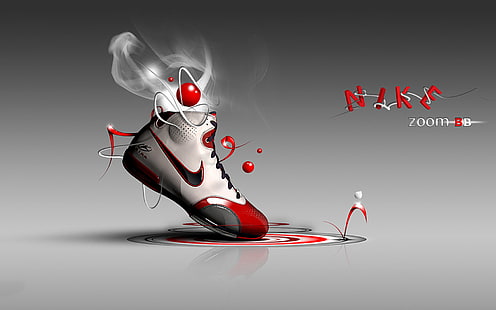 Nike 로고, 페어링되지 않은 흰색과 빨간색 Nike 하이 탑 농구화, 로고, 기타, HD 배경 화면 HD wallpaper