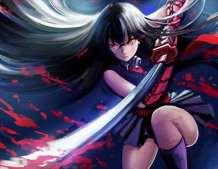 Anime, Akame ga Kill !, Akame (Akame Ga Kill!), Czarne włosy, dziewczyna, katana, długie włosy, czerwone oczy, miecz, Tapety HD