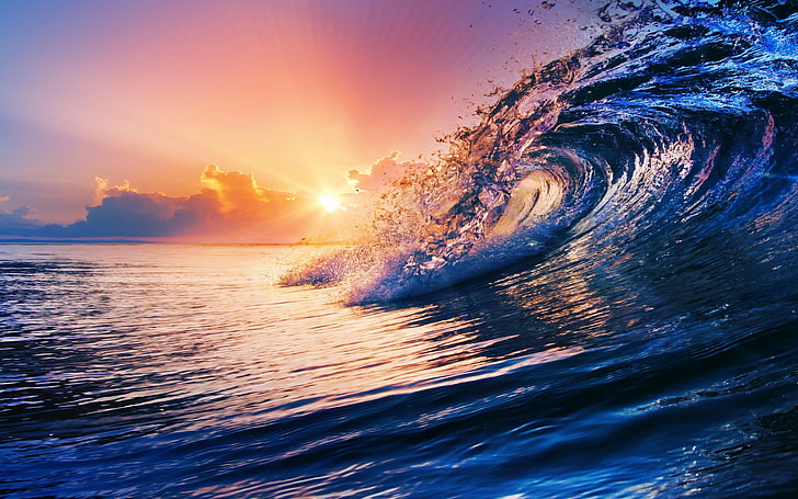 海の波、自然、夕日、海、波、雲、水、カラフルな、 HDデスクトップの壁紙