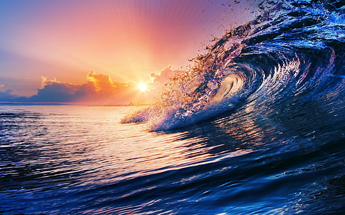 ocean wave, nature, sunset, sea, waves, clouds, water, colorful, HD wallpaper HD wallpaper