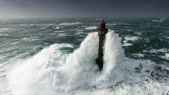 mar, onda, onda de vento, agua, oceano, céu, costa, Bretanha, França, França, farol, tempestuoso, tempestade, ondas, marinha, HD papel de parede HD wallpaper