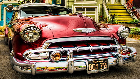 chevrolet fleetline deluxe, chevrolet, gammal bil, bil, 1950, chevy, veteranbil, antik bil, röd bil, hot rod, fordon, klassisk bil, sedan, HD tapet HD wallpaper