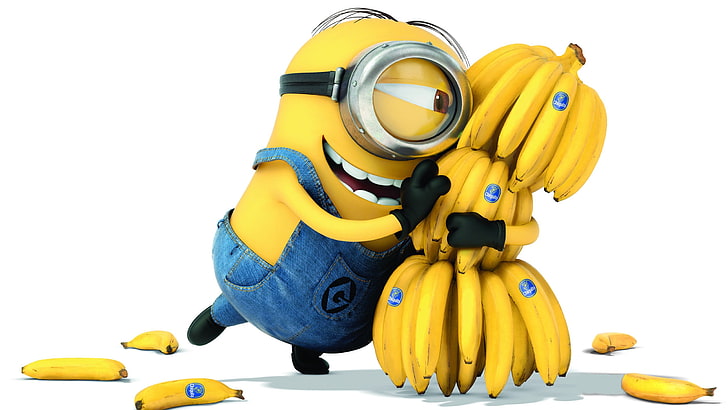 Stuart, o Minion, abraçando um monte de bananeiras, papéis de parede, filmes, minions, bananas, HD papel de parede