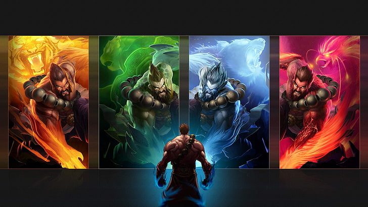 Hombre con fondo de pantalla de cuatro poderes de elementos, League of Legends, Udyr, collage, Fondo de pantalla HD