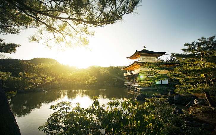 пейзаж, природа, парк, Киото, деревья, озеро, пагода, Япония, HD обои