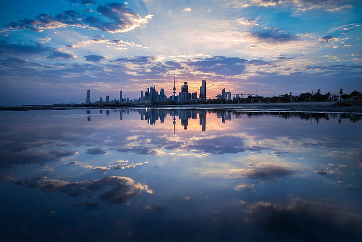 город, кувейт, облака, отражение, HD обои