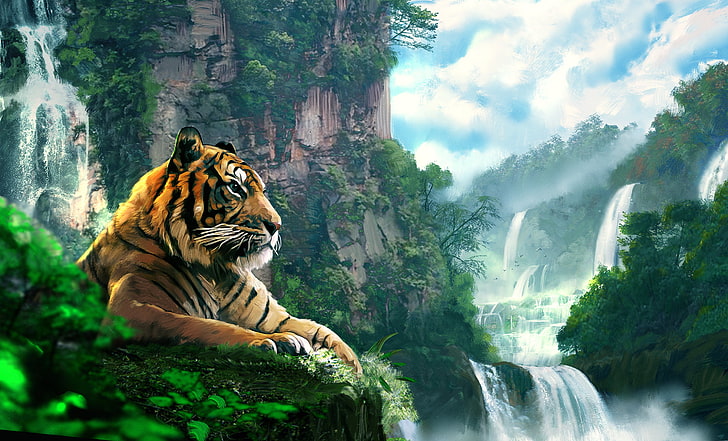 black and orange tiger illustration, forest, landscape, tiger, mountain, waterfall, art, HD wallpaper
