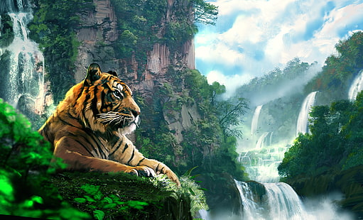 ilustrasi harimau hitam dan oranye, hutan, lanskap, harimau, gunung, air terjun, seni, Wallpaper HD HD wallpaper