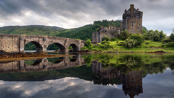 przyroda, krajobraz, budynek, architektura, most, zamek, ruiny, rzeka, drzewa, las, chmury, Eilean Donan, Szkocja, Wielka Brytania, Tapety HD