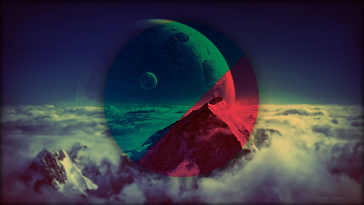 bergstopp, planet, cirkel, geometri, färgglada, berg, utrymme, former, polyscape, vinjett, digital konst, HD tapet