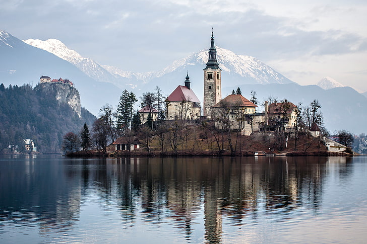 mountains, lake, island, home, Church, Slovenia, Bled, HD wallpaper