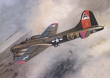 el cielo, figura, arte, bombardero, estadounidense, avión, pesado, pelea de perros, WW2, Boeing B-17 Flying Fortress, cuatro motores, Fondo de pantalla HD HD wallpaper