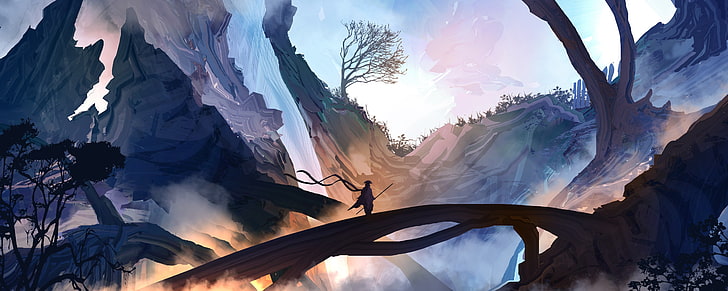 fondo de pantalla del juego, arte de fantasía, montañas, niebla, samurai, Fondo de pantalla HD