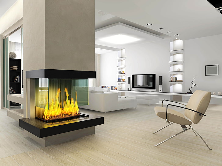 gray metal framed armchair, design, style, room, fire, interior, fireplace, HD wallpaper