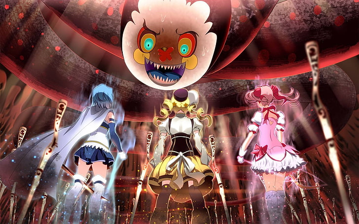 Personaggi anime ragazza in abito rosa e blu illustrazione, Mahou Shoujo Madoka Magica, Kaname Madoka, Miki Sayaka, Tomoe Mami, Sfondo HD