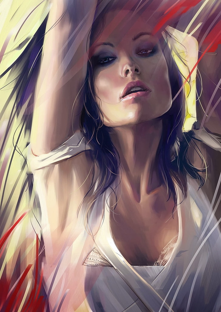 woman wearing white tank top painting, Olivia Wilde, drawing, artwork, arms up, actress, Vexel, HD wallpaper