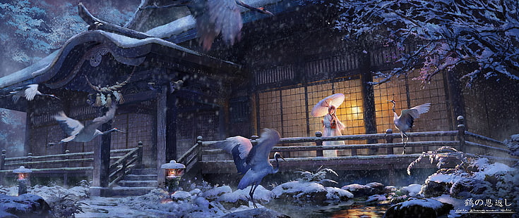 ultra-wide, Giappone, anime girls, uccelli, animali, Sfondo HD HD wallpaper
