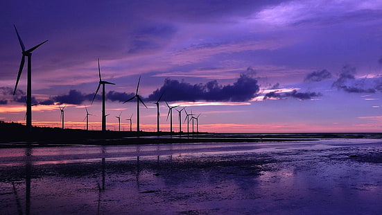 ветряные мельницы возле водоема, пурпурное небо, пейзаж, ветротурбина, пляж, HD обои HD wallpaper