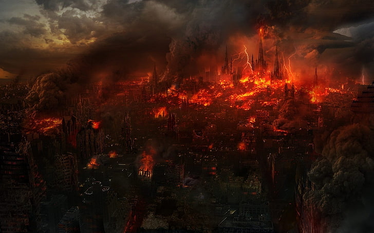 rote und schwarze Tapete, die Stadt, Fiktion, Feuer, Apokalypse, Reißverschluss, Ruinen, das Ende der Welt, HD-Hintergrundbild