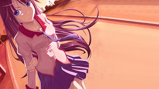 Fondo de pantalla digital de personaje de anime femenino de pelo rosa, Senjougahara Hitagi, Monogatari Series, anime, anime girls, uniforme escolar, Fondo de pantalla HD HD wallpaper