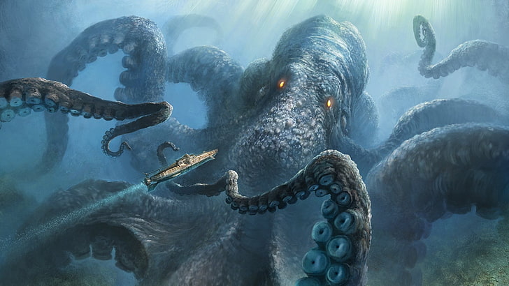 Monster laut, bawah air, raksasa, luminos, caracatita, fantasi, musim panas, gurita, monster, makhluk, biru, Wallpaper HD