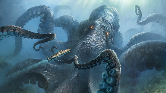 Морской монстр, подводный, гигант, luminos, caracatita, фэнтези, лето, осьминог, монстр, существо, синий, HD обои HD wallpaper