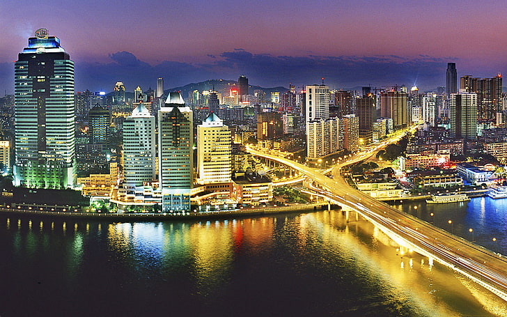 Guangzhou på Night-Windows 10 HD Wallpaper, time-lapse-fotografering av stadsbilden på natten, HD tapet