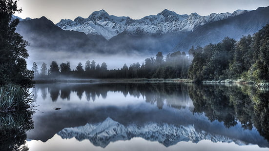 reflexión, montañas, paisaje, lago, brumoso, reflejado, Fondo de pantalla HD HD wallpaper