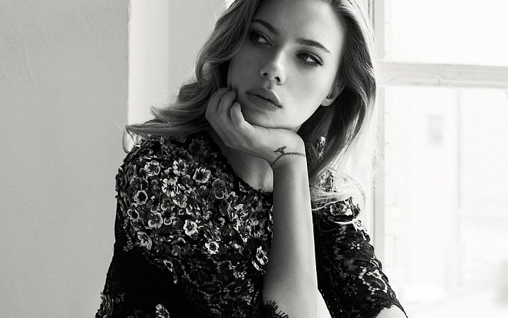 Scarlett Johansson นักแสดงภาพขาวดำหน้าต่างใบหน้าผู้หญิงคนดังมือ, วอลล์เปเปอร์ HD