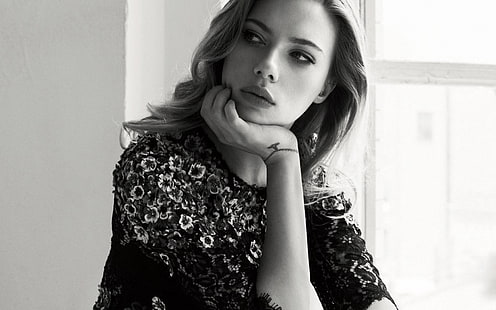Scarlett Johansson, actress, portrait, monochrome, window, face, women, celebrity, hands, HD wallpaper HD wallpaper