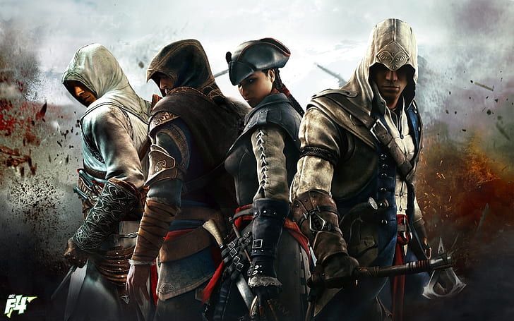 Assassin's Creed 3, fyra lönnmördare, lönnmördarens trosillustration, Assassin, Creed, Four, Assassins, HD tapet