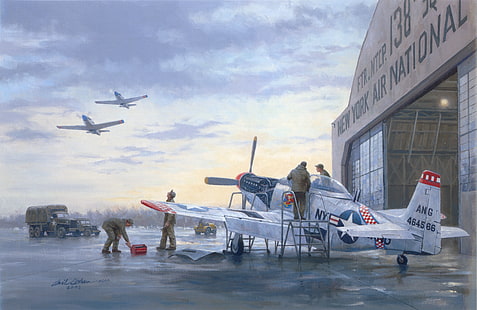white plane illustration, war, art, painting, aviation, ww2, P 51 Mustang, HD wallpaper HD wallpaper