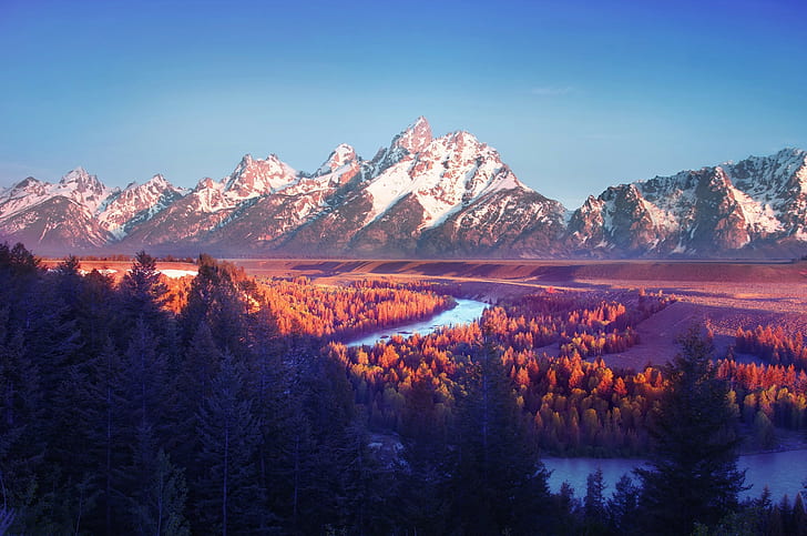 Natur, Landschaft, Wald, Bäume, Berge, Fluss, Himmel, Grand Teton National Park, HD-Hintergrundbild