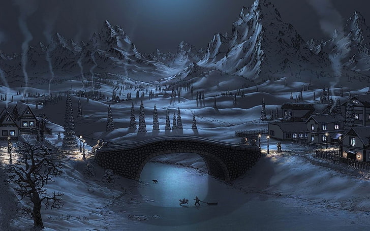 คืนฤดูหนาว - การออกแบบศิลปะดิจิตอลวอลล์เปเปอร์ HD โลกแฟนตาซีเคลือบหิมะสีขาว, วอลล์เปเปอร์ HD