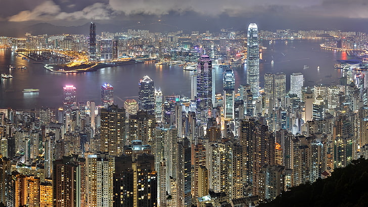 градски пейзаж, здрач, Хонг Конг, HD тапет