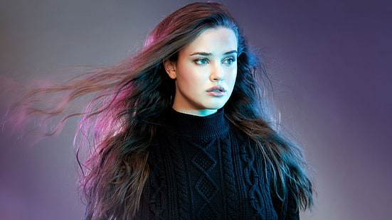 дамски черен пуловер с водолазка, Катрин Лангфорд, модел, брюнетка, актриса, HD тапет HD wallpaper