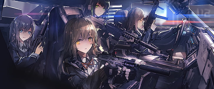 quatro personagens de anime femininos, arma, personagens originais, arma, anime, garotas de anime, carro, HD papel de parede