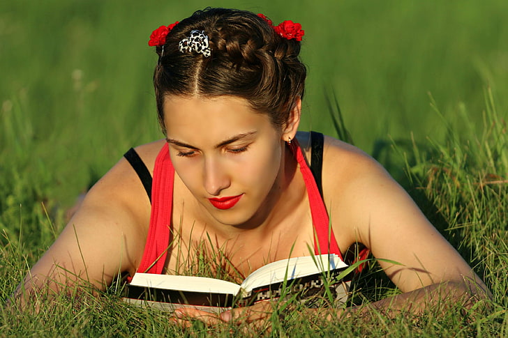 book, development, education, girl, grass, hairstyle, knowledge, learn, lie, makeup, person, posture, reader, reading, royalty, student, vacation, woman, HD wallpaper