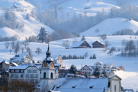 sfondo grigio chiesa di cemento, inverno, neve, montagne, casa, città, alpi, municipio, Sfondo HD HD wallpaper