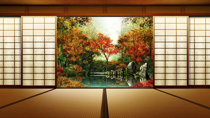red leafed tree, japão, predios, casa, HD papel de parede