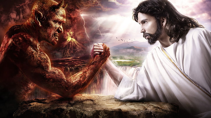 arm wrestling, devils, Jesus Christ, HD wallpaper