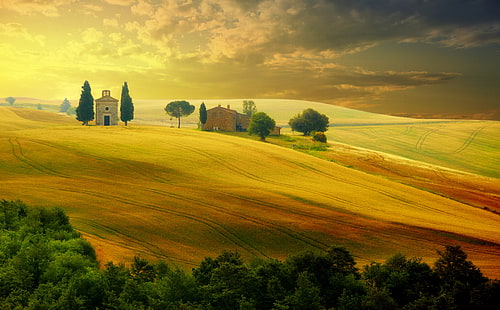 Tapeta Toskanii Jesień HD, dom na ilustracji zielonego pola, Europa, Włochy, podróż, natura, piękny, krajobraz, krajobrazy, scena, niesamowite, piękno, malownicze, miejsca, malownicze piękno, Tapety HD HD wallpaper