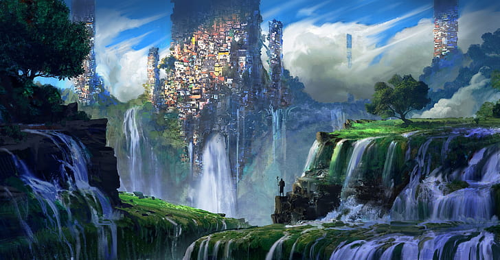 illustration, favela, mountains, plants, waterfall, warrior, city, fantasy art, landscape, HD wallpaper