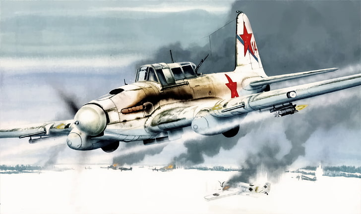 gray fighter plant illustration, aircraft, war, art, airplane, painting, ww2, Ilyushin Il-2, IL-2 Sturmovik, IT 2 M, russian bomber fighter, HD wallpaper