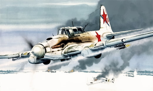 gray fighter plant illustration, aircraft, war, art, airplane, painting, ww2, Ilyushin Il-2, IL-2 Sturmovik, IT 2 M, russian bomber fighter, HD wallpaper HD wallpaper