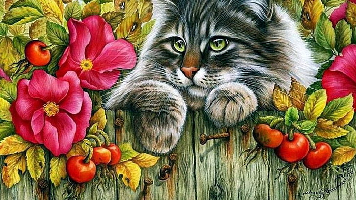 Schwarzweiss-Katzenmalerei, Grafik, Katze, Tiere, HD-Hintergrundbild