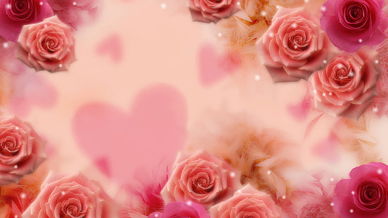 mawar oranye, bunga, bunga, latar belakang, jantung, mawar, payet, Wallpaper HD HD wallpaper