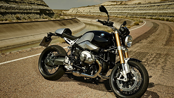 black and gray BMW sports touring motorcycle, BMW R nineT, motorcycle, 2015, bike, review, test drive, speed, buy, rent, side, road, HD wallpaper